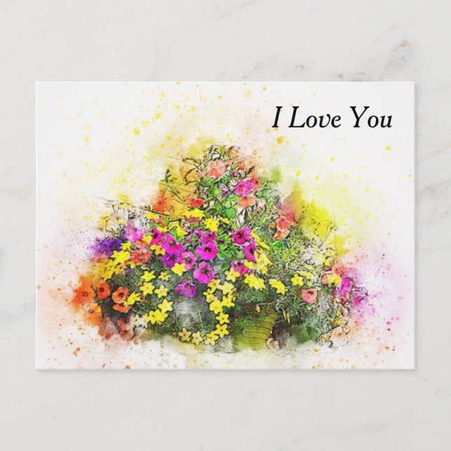 Watercolor Basket of Pretty Flowers Postcard (Front)