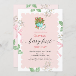 Watercolor Basket Strawberry Leaves 1st Birthday  Invitation