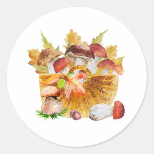 Watercolor Basket with Autumn Forest Mushrooms  Classic Round Sticker