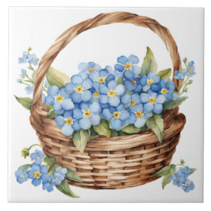 Watercolor Basket with Blue Forget-Me-Not Flowers Ceramic Tile