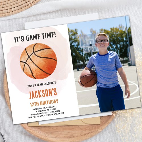 Watercolor Basketball Birthday Invitations w photo