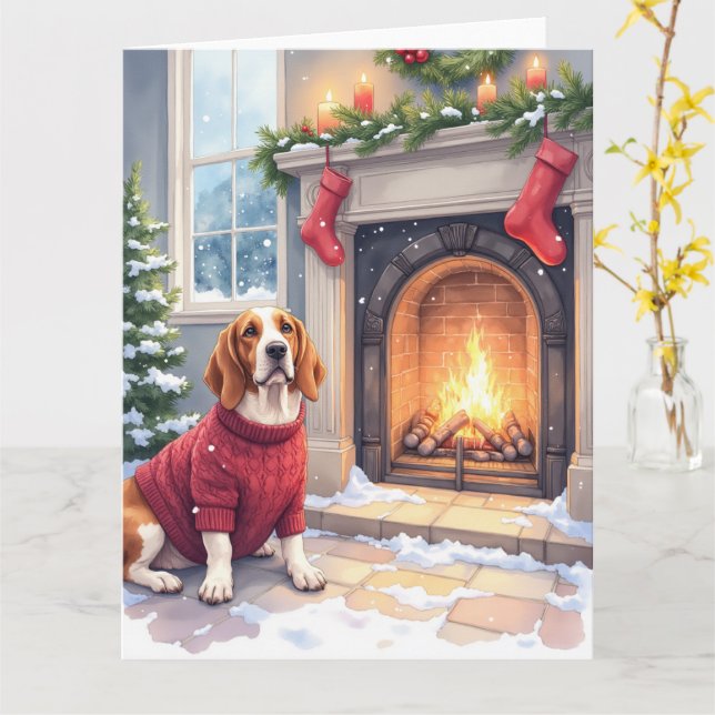 Watercolor Basset Hound Cozy Fireplace Christmas Card (Yellow Flower)