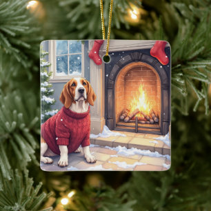 Watercolor Basset Hound Cozy Fireplace Christmas Ceramic Ornament