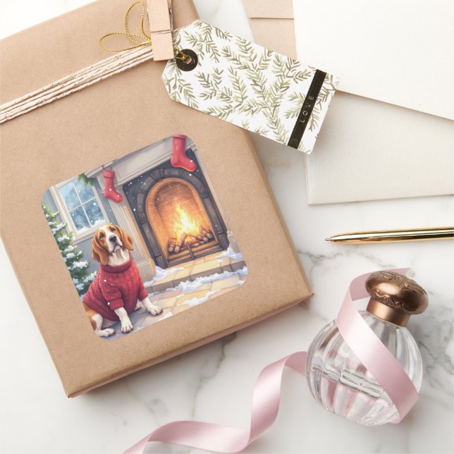 Watercolor Basset Hound Cozy Fireplace Christmas Square Sticker (Gifting)