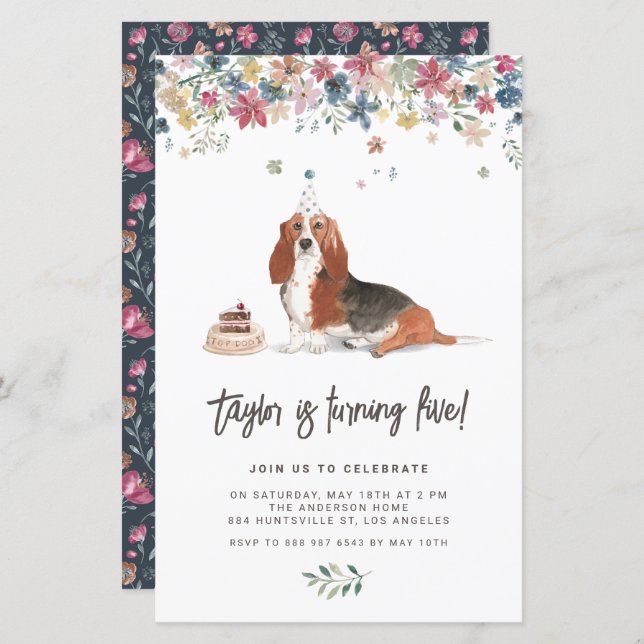 Watercolor Basset Hound Dog Birthday Invitation (Front/Back)