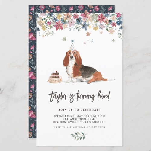 Watercolor Basset Hound Dog Birthday Invitation