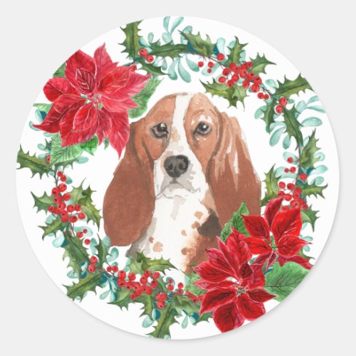 Watercolor Basset Hound Poinsettia Holiday Wreath Classic Round Sticker