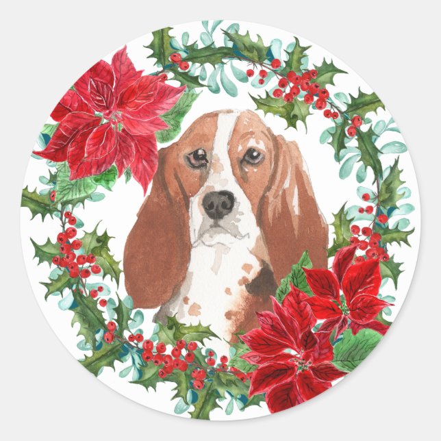 Watercolor Basset Hound Poinsettia Holiday Wreath Classic Round Sticker (Front)