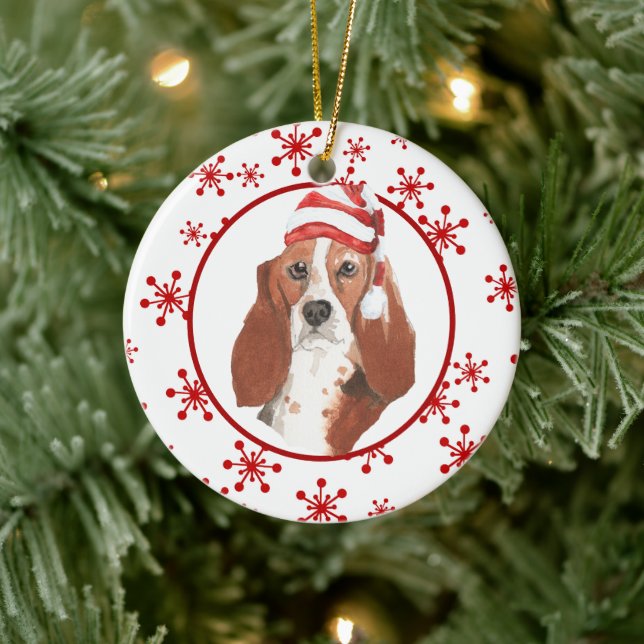 Watercolor Basset Hound Santa Hat Snowflake Ceramic Ornament (Tree)