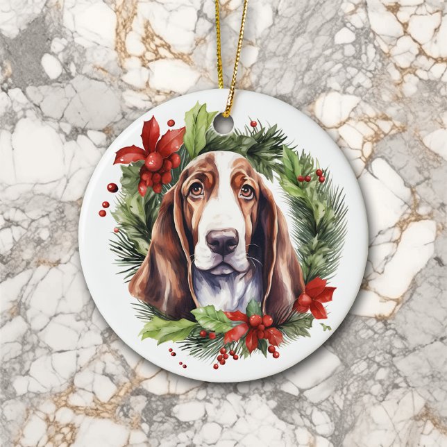 Watercolor Basset Hound Wreath Christmas Ceramic Ornament (Creator Uploaded)