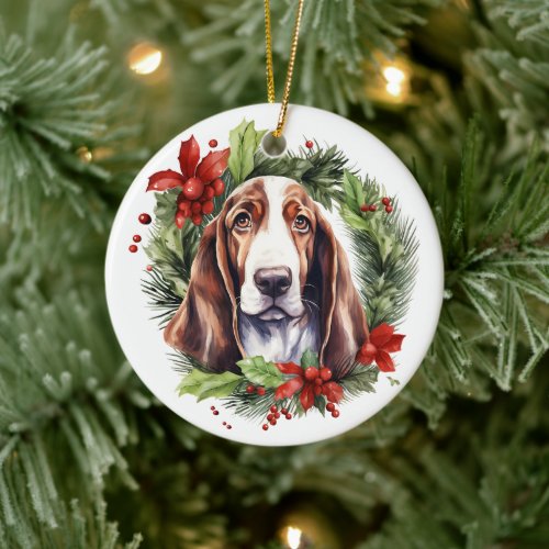 Watercolor Basset Hound Wreath Christmas Ceramic Ornament