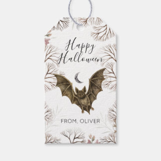 Watercolor Bat Botanical Happy Halloween Gift Tags