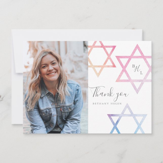 Watercolor Bat Mitzvah Photo Thank You Card (Front)