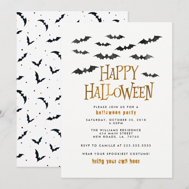 Watercolor Bats Halloween Party Invitation (Front/Back)
