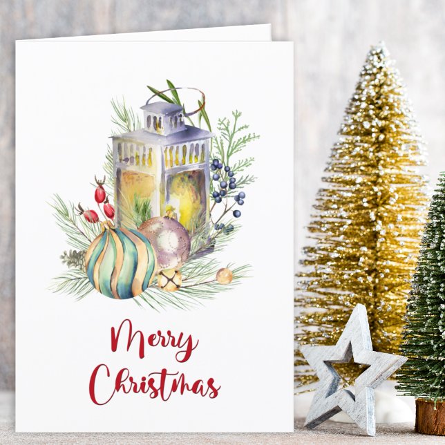 Watercolor Baubles and Lantern Christmas Greeting Holiday Card (Creator Uploaded)