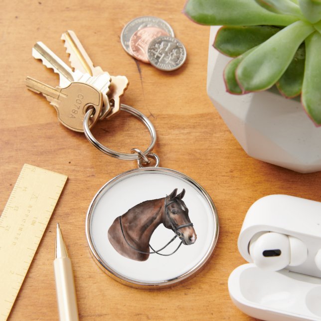 Watercolor Bay horse head in a bridle Keychain (Desk)