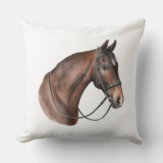 Watercolor Bay horse head in a bridle Throw Pillow