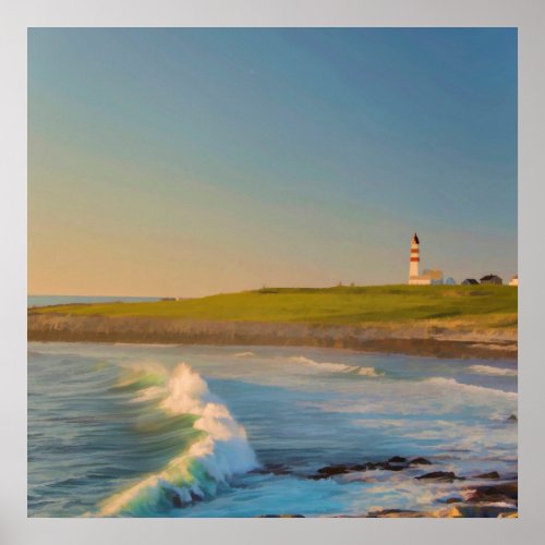 Watercolor bay lighthouse with sunset ocean waves poster