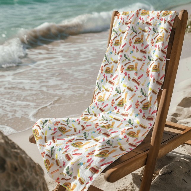 Watercolor BBQ Food, Drinks & Desserts Pattern Beach Towel (Creator Uploaded)
