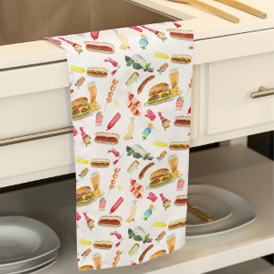 Watercolor BBQ Food, Drinks & Desserts Pattern Kitchen Towel