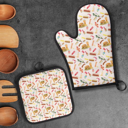 Watercolor BBQ Food Drinks  Desserts Pattern Oven Mitt  Pot Holder Set