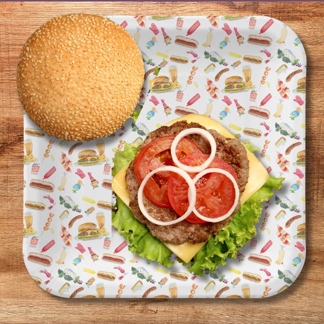 Watercolor BBQ Food, Drinks & Desserts Pattern Paper Plates (Creator Uploaded)