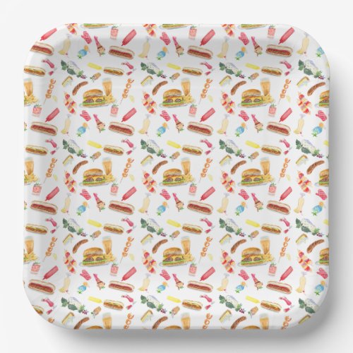 Watercolor BBQ Food Drinks  Desserts Pattern Paper Plates