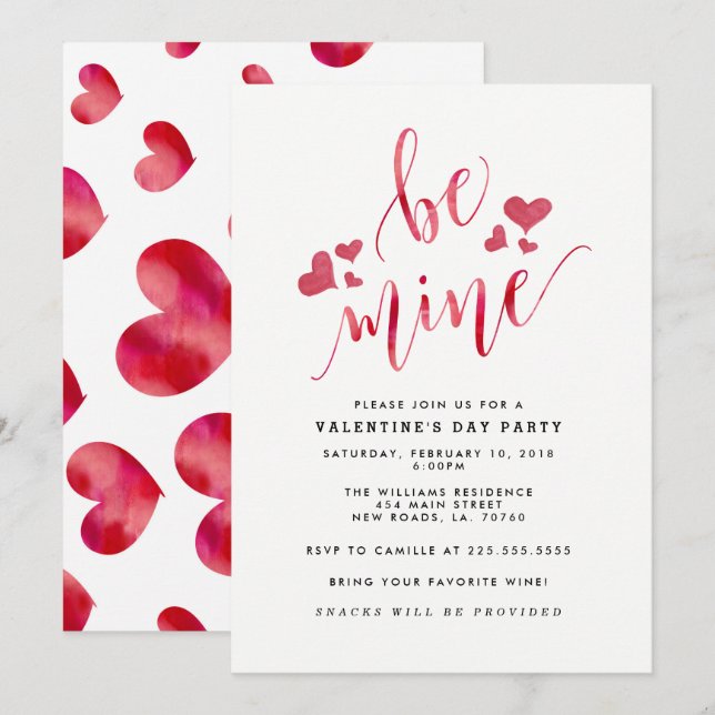Watercolor Be Mine Valentine's Party Invitations (Front/Back)