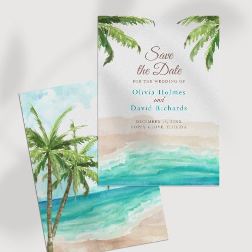 Watercolor Beach and Palm Leaves Save the Date