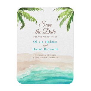 Watercolor Beach and Palm Leaves Save the Date Magnet