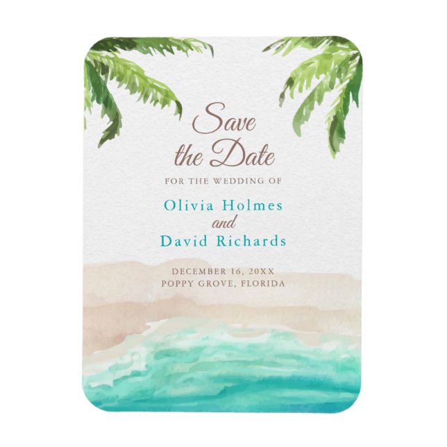 Watercolor Beach and Palm Leaves Save the Date Magnet (Vertical)