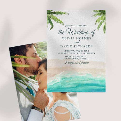 Watercolor Beach and Palm Trees Photo Wedding Invitation