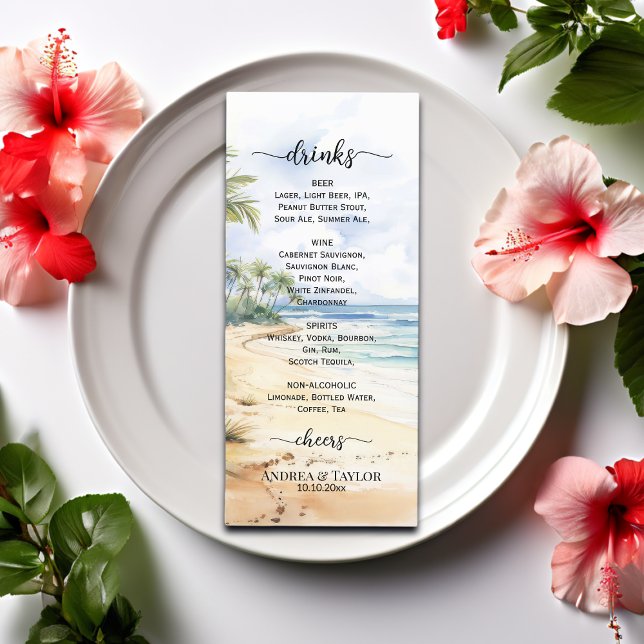 Watercolor Beach and Palm Trees Wedding Bar Menu (Creator Uploaded)