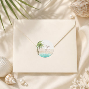 Watercolor Beach and Palm Trees Wedding Classic Round Sticker