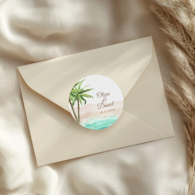 Watercolor Beach and Palm Trees Wedding Classic Round Sticker (Watercolor Turquoise Sandy Beach Wedding Classic Round Sticker on a wedding envelope.)