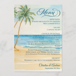 Watercolor Beach and Palm Trees Wedding Menu