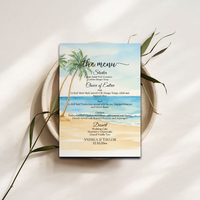 Watercolor Beach and Palm Trees Wedding Menu (Creator Uploaded)