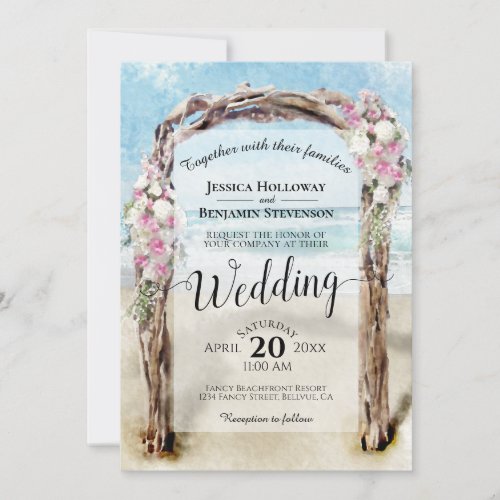 Watercolor Beach Arbor Pink  White Roses Wedding Invitation