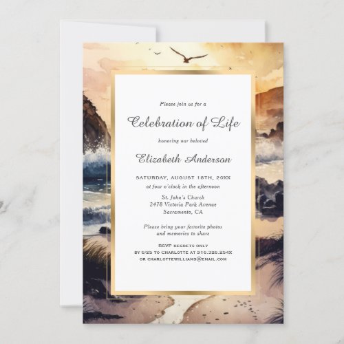 Watercolor Beach at Sunset Celebration of Life Invitation