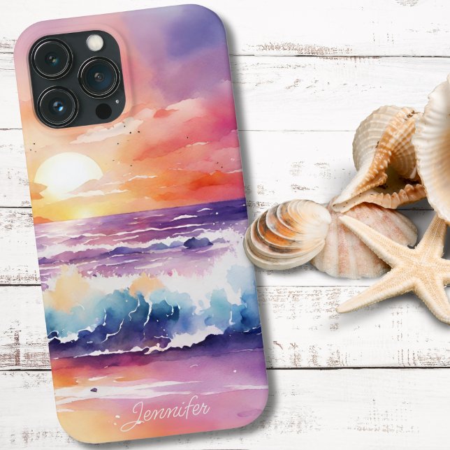 Watercolor Beach at Sunset Monogram  Case-Mate iPhone Case (Creator Uploaded)