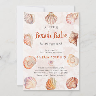 Watercolor Beach Babe Ocean Seashells Baby Shower Invitation