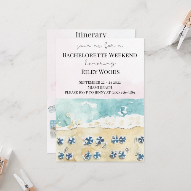 Watercolor Beach Bachelorette Weekend Itinerary In Invitation (Front/Back In Situ)