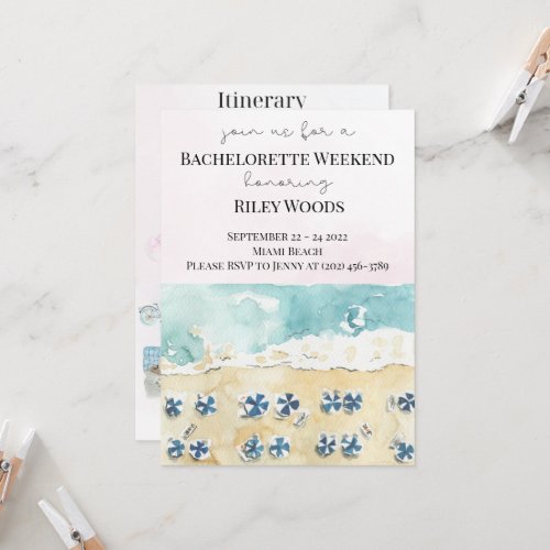 Watercolor Beach Bachelorette Weekend Itinerary In Invitation