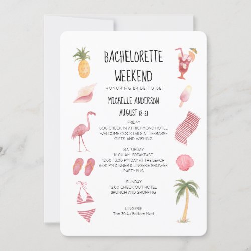Watercolor Beach Bachelorette Weekend Itinerary Invitation