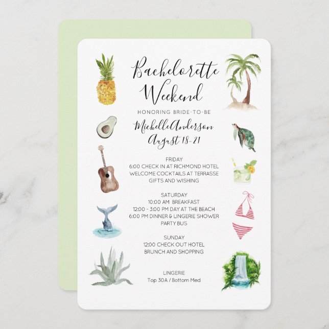Watercolor Beach Bachelorette Weekend Itinerary Invitation (Front/Back)