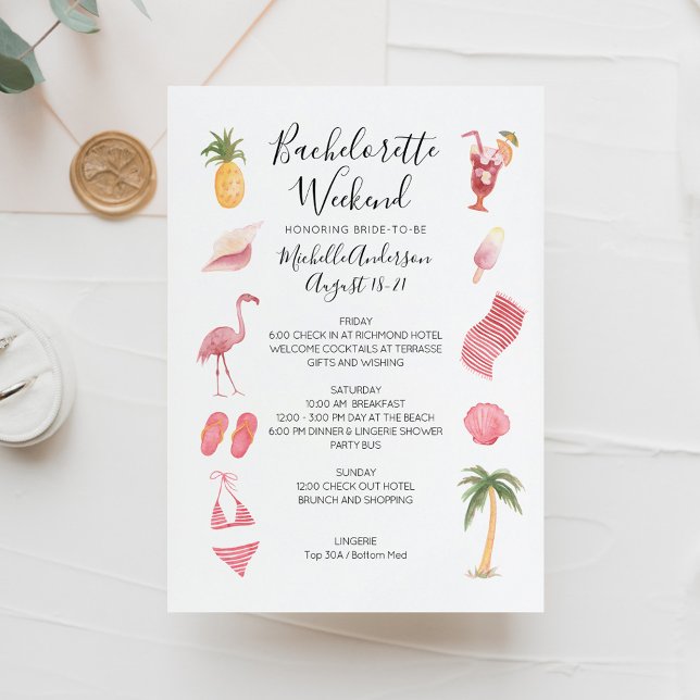 Watercolor Beach Bachelorette Weekend Itinerary Invitation (Creator Uploaded)