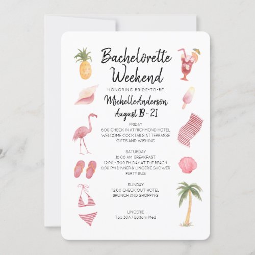 Watercolor Beach Bachelorette Weekend Itinerary Invitation