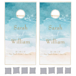 Watercolor Beach Background Monogram Wedding Cornhole Set