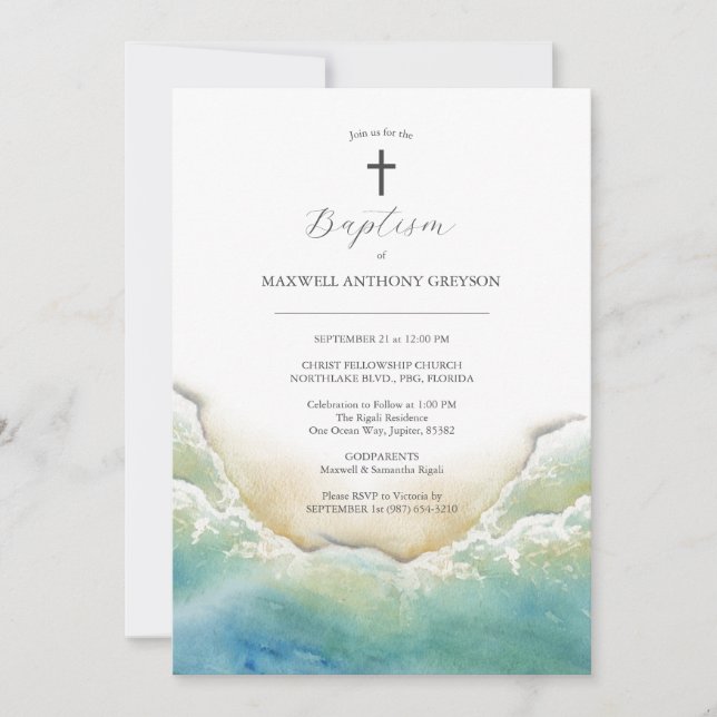 Watercolor Beach Baptism Invitations (Front)
