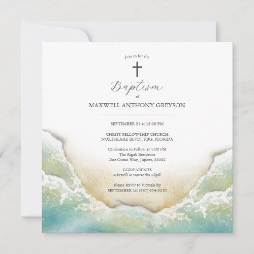 Watercolor Beach Baptism Square Invitations